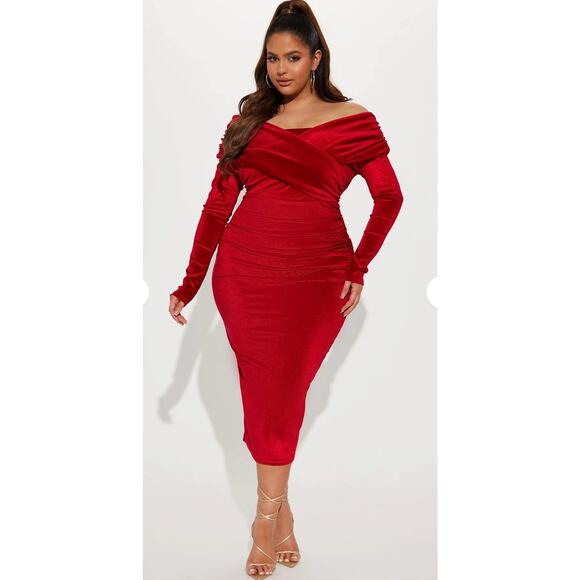NWT Fashion Nova Velvet Midi Dress Ignore The Romance Off The Shoulder Red Sz 2X - Picture 1 of 8